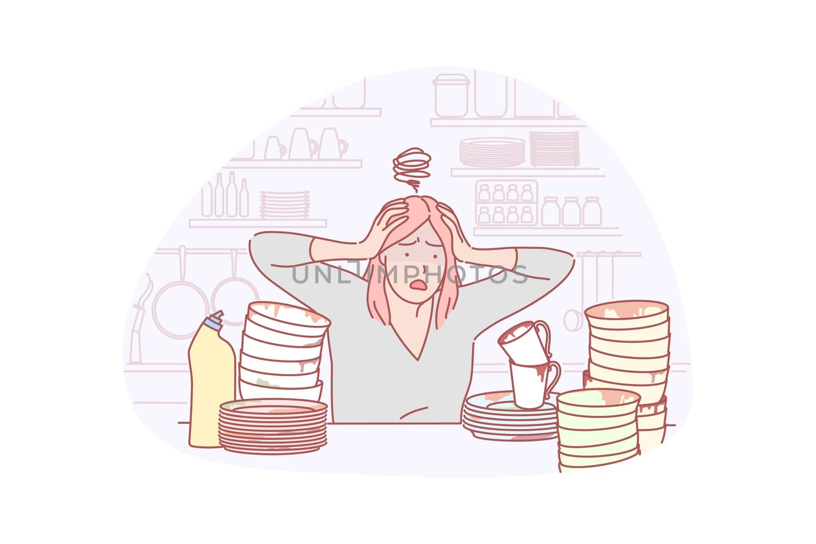 Housewife, dishwashing, work load concept. Young stressful woman housewife is shocked by many dirty dish on table in kitchen. Frustrated dishwasher in restaurant is work loaded. Simple flat vector