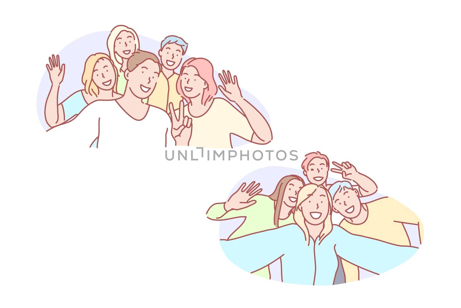 Selfie, friend, together, joy, photo, set. Young mates gathering for selfie together. Happy joyful friends photographing for group picture. Teen team making video for social media simple flat vector.