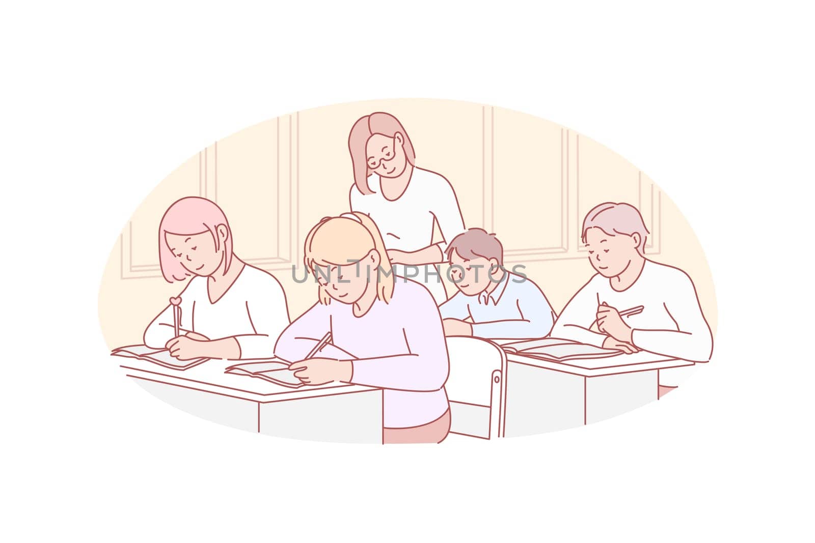 Education, teaching, school concept. Young teacher examinates school children. Concentrated group of pupils, boys and girl take educational exam while woman tutor checks they work. Simple flat vector