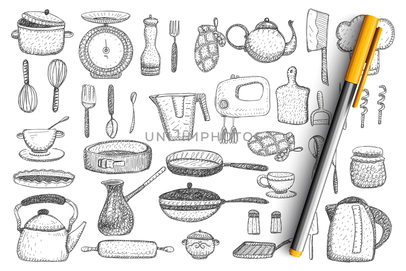 Kitchenware and utensils doodle set. Collection of hand drawn kettle, frying pan, mixer, knife, teapot, cutlery, cups and mugs, tableware, mitten and grill isolated on transparent background