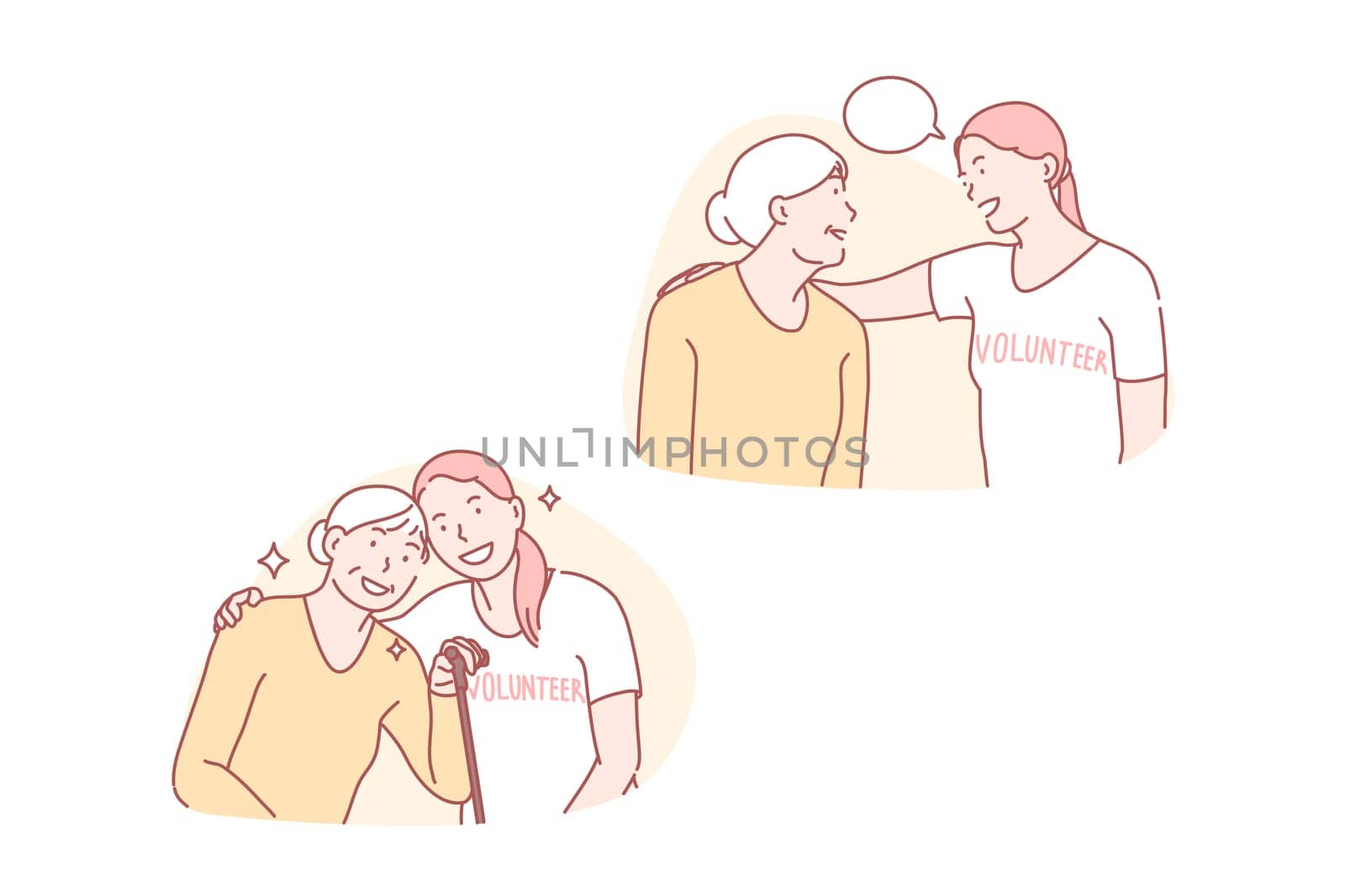 Volunteering, help, ageing, sympathy, assistance, concept. Young volunteer and aged woman talking together. Generation communication support. Lonely ageing help. Elderly humanism simple flat vector.