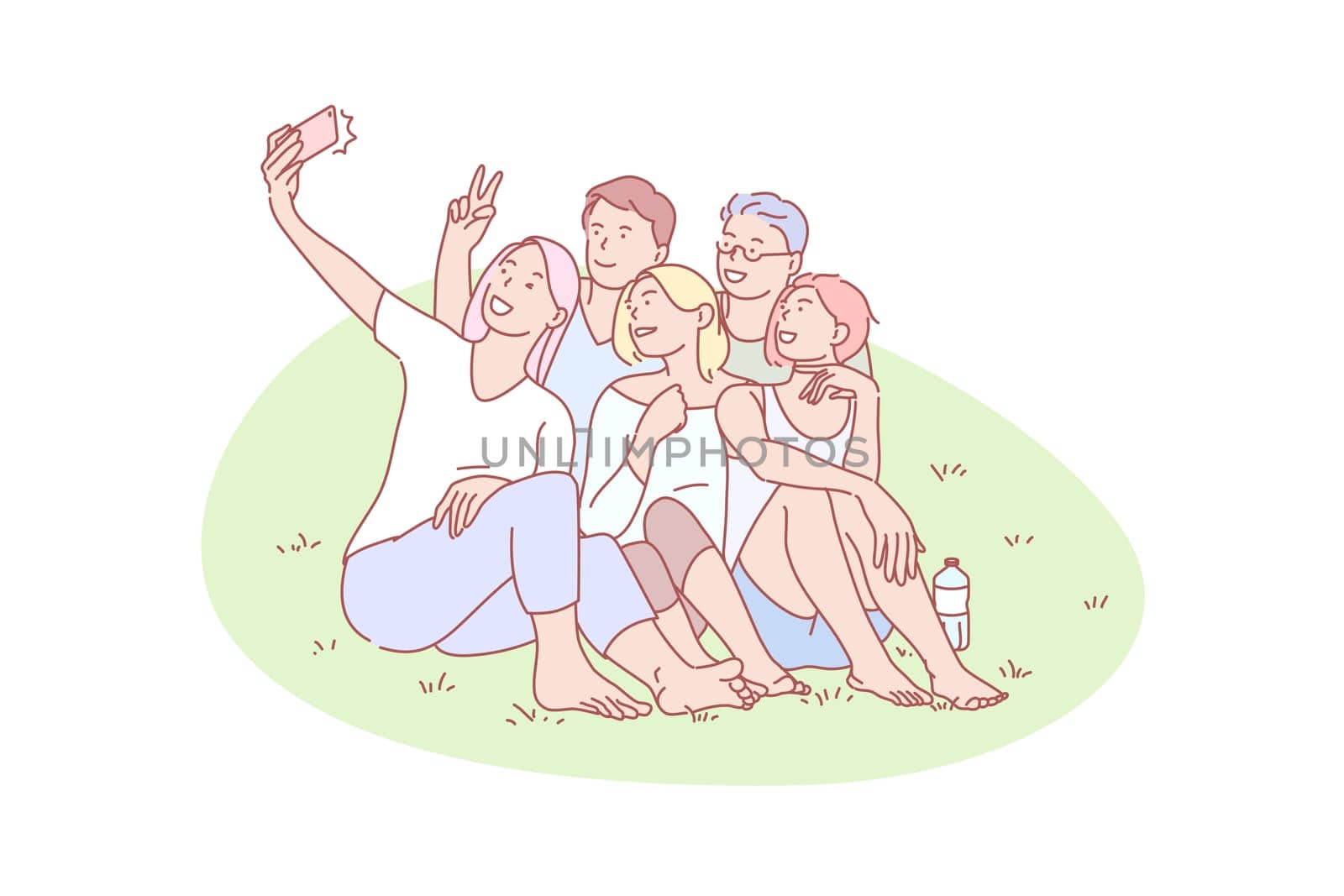 Selfie, friend, gathering, joy, rest, concept. Resting mates gathering for selfie together outdoor. Happy joyful friends photographing for social media. Teen team making group video simple flat vector