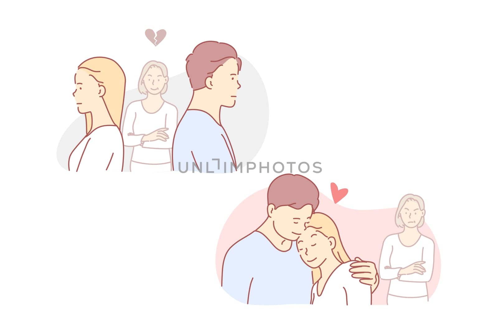 Love, jealous, quarrel, relation, concept.. Quarrel and making peace infatuated teen couple. Jealous, envy, suffering in love triangle. Affection relationship problem. Rival simple flat vector.