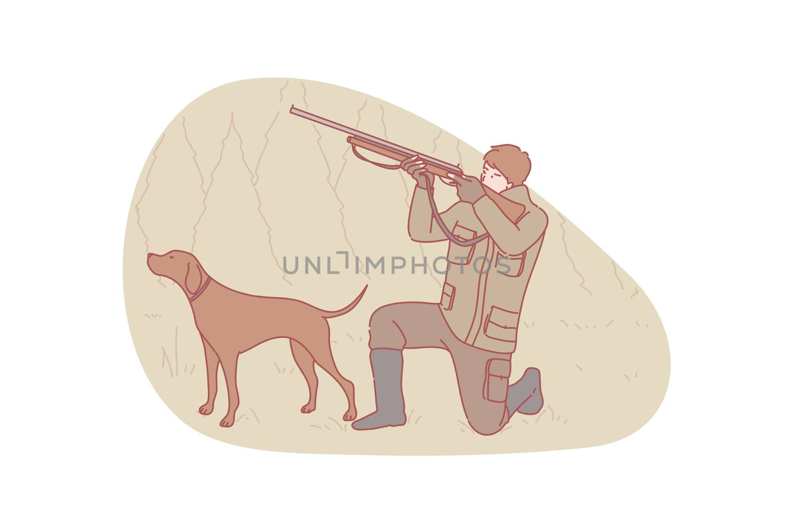 Hunter, hunting, dog concept. Young concentrated man hunter is holding air gun and aiming upward. Focused careful crouching boy owner with dog pet setter are hunting duck. Simple flat vector