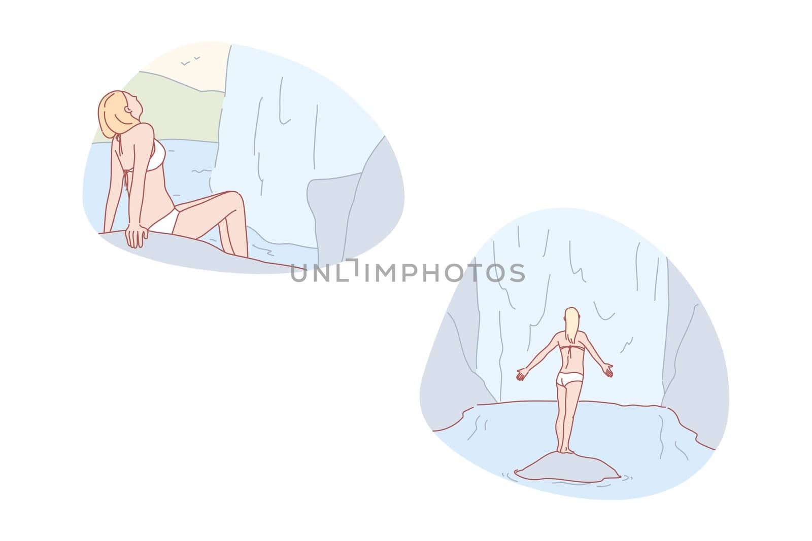 Pleasure, alone, rest, nature, wild, concept. Joyful resting woman sunbathing in wild nature secluded, private place in peace. Pleased lady united with nature. Waterfall tranquility simple flat vector