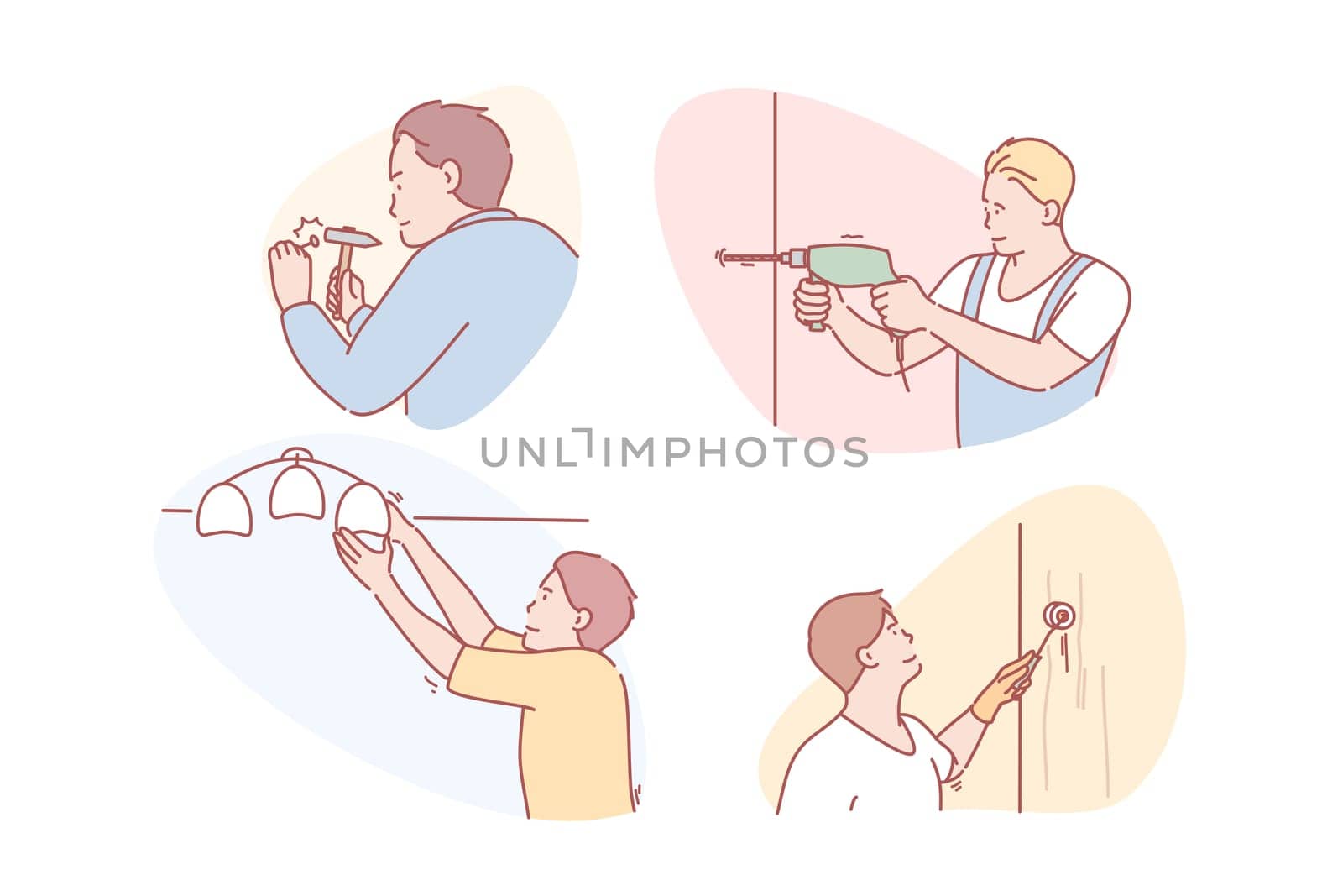 Master, service, repair, business, renovation set. Male household service. Renovating master. Professional repairman. Home fixing business Handyman. Homework support improvement simple flat vector