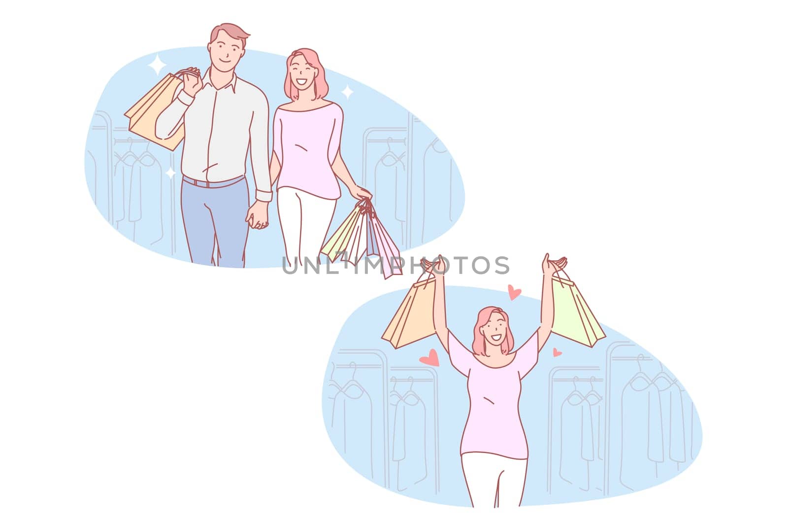 Shopping, couple, love, sale set concept. Couple in love boyfriend and girlfriend goes shopping in boutique. Man and woman loves to go to shop. Girl is excited to buy goods on sale. Simple flat vector