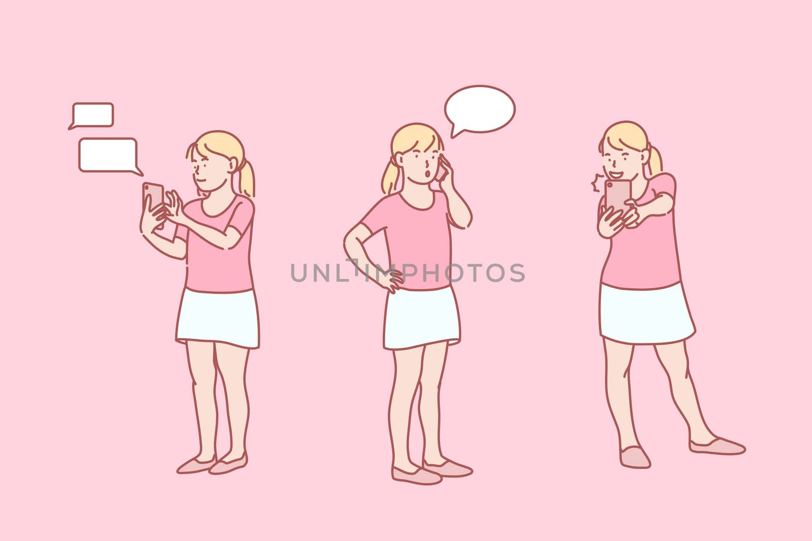 Childhood, online, addiction, phone, set, concept. Chatting, talking online little girl. Child making selfie with phone. Gadget addicted teen. Young generation social problem simple flat vector.