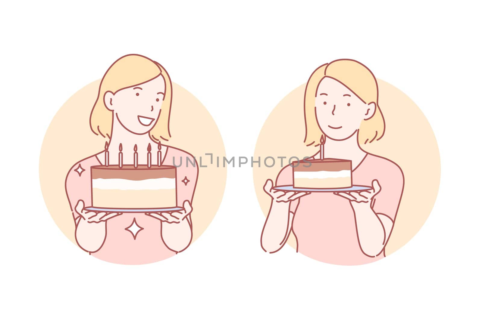 Congratulation, birthday cake set concept. Young satisfied woman is giving pastry away. Happy cheerful girlfriend congratulates with birthday and gifts holiday cake. Simple flat vector