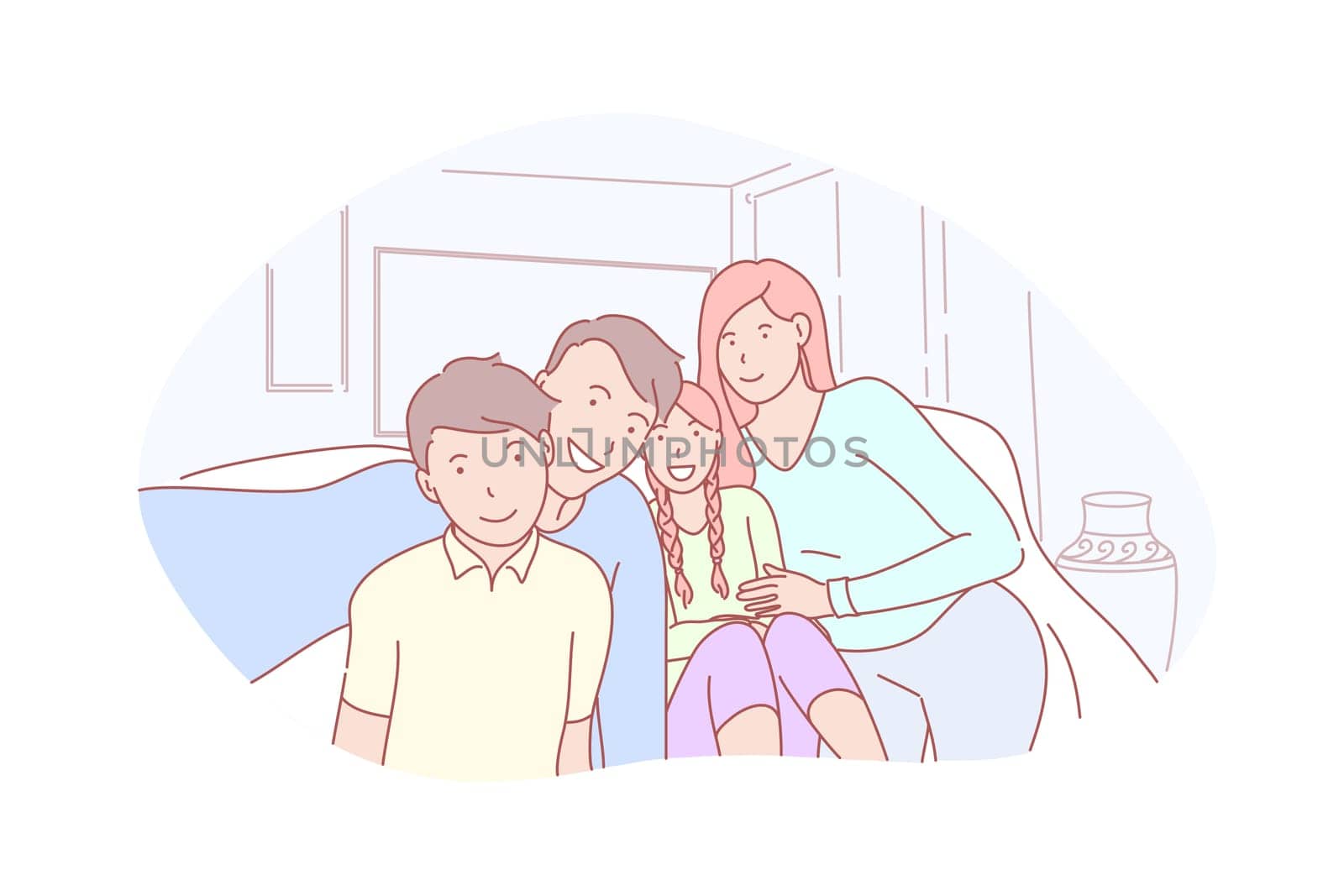 Family, parenthood, childhood concept. Family set together in home on fathersday or motherday. Happy husband and wife are taking selfie picture with their children son and daughter. Simple flat vector