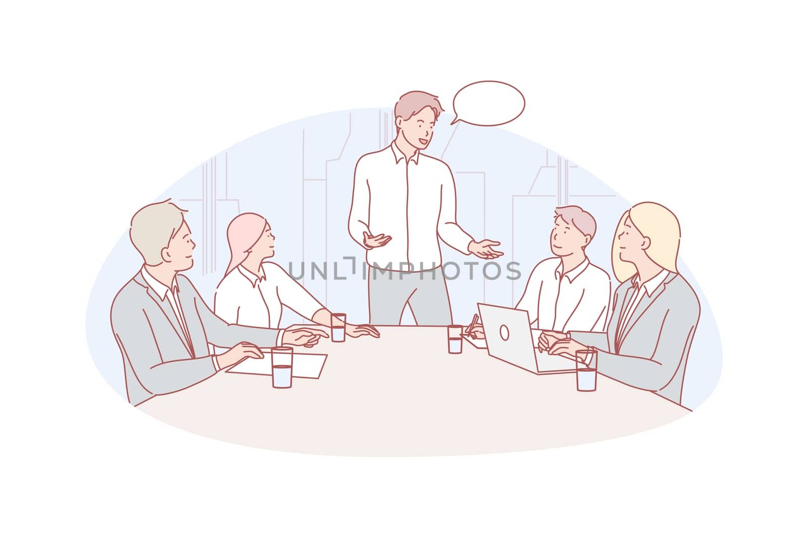 Business meeting, leeadership, coworking concept. Business people have meeting in office. Group of men and women do coworking or teamwork. Leader or manager of team conducts briefing to colleagues.