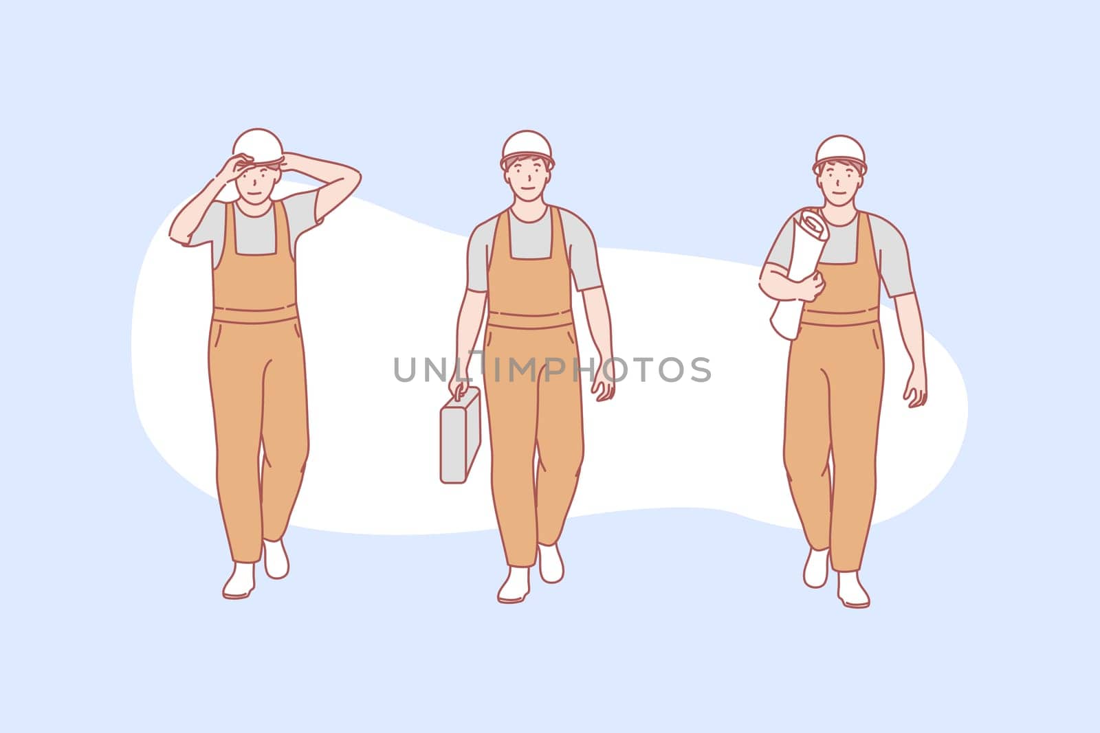 Master, builder, business, construction, engineer set. Engineering master. Young professional builder. Trained, experienced specialist in constructional business. Project workman simple flat vector.