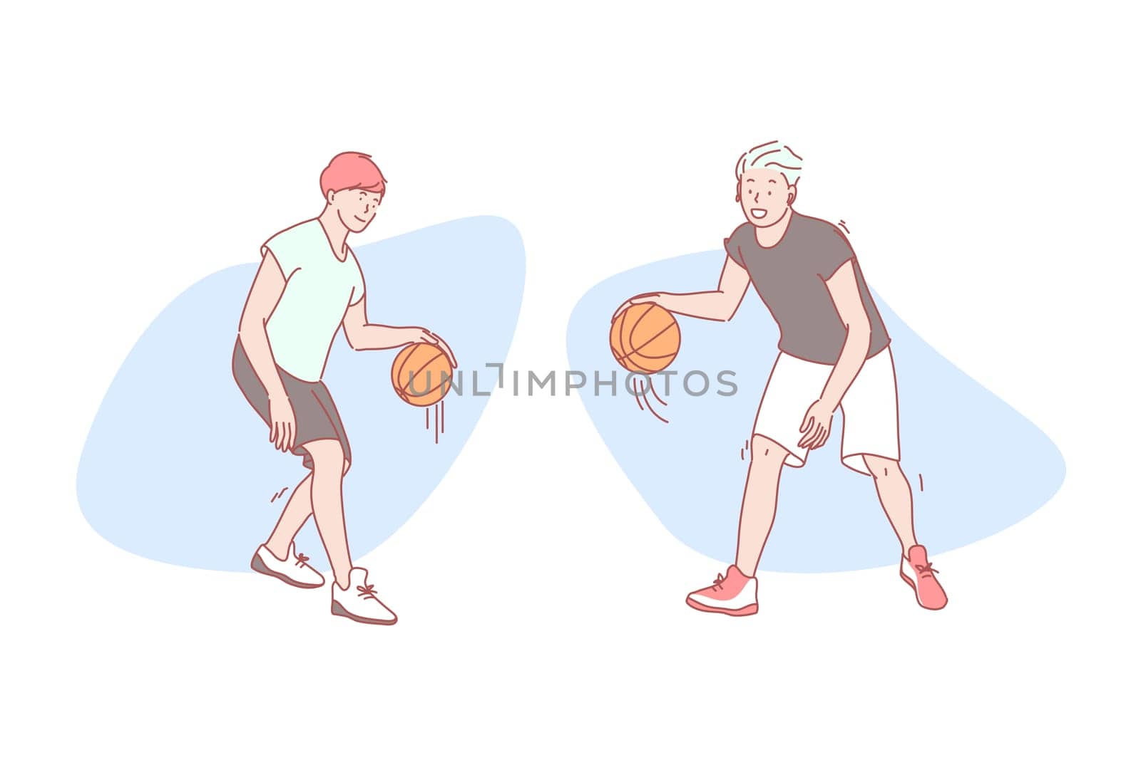 Guys play basketball set concept. Happy stylish man student is standing and dribbles ball with hand. Young satisfied boy teenager with headphones is playing basketball. Simple flat vector