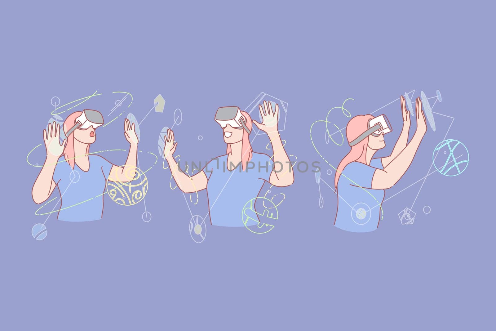 VR or virtual reality headset set concept. Young woman is amazed by virtual reality headset. Happy excited girl is watching video or playing games. Development of VR technology. Simple flat vector