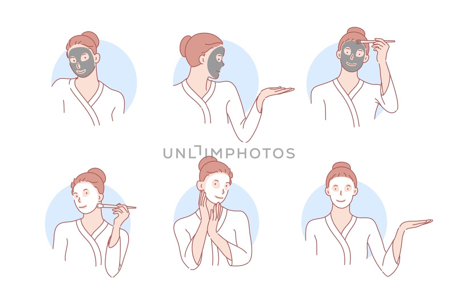 Beauty, skincare, mask, cosmetology set concept. Young cheerful woman wants to look beautiful and cares about her skin. Happy girl is applying cosmetic mask on her face with brush. Simple flat vector