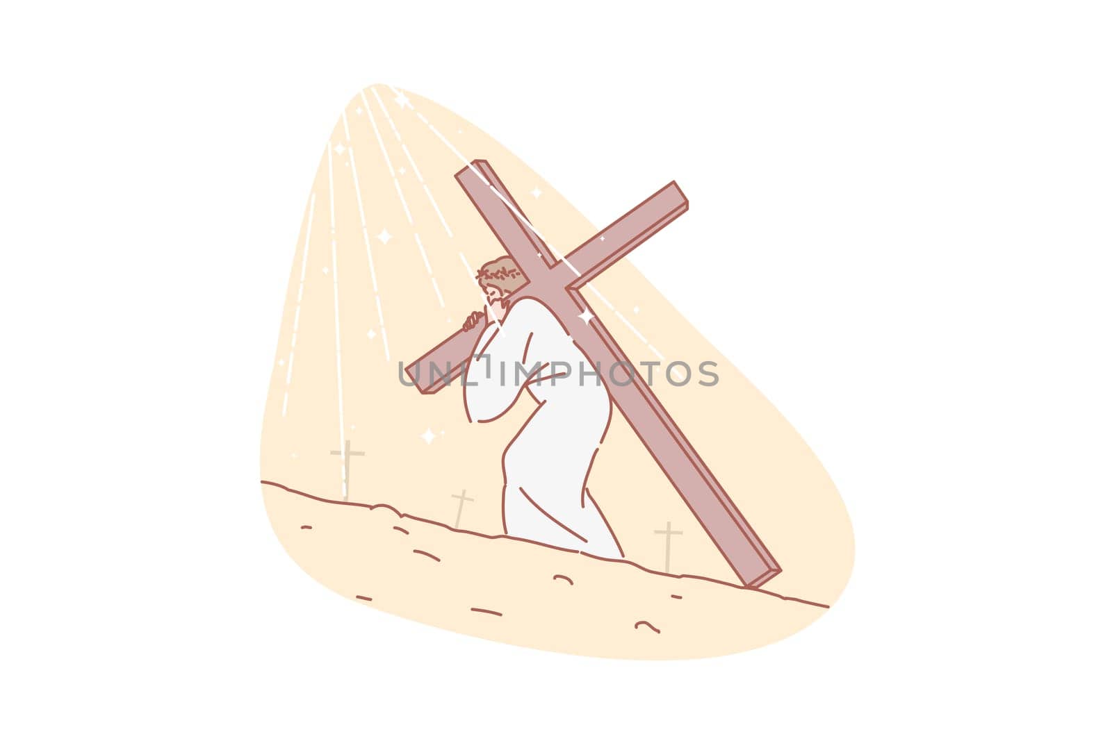 Jesus Christ, Bible, religion, Christianity, concept. Jesus carrying cross. Road to Calvary. Messiah shouldering rood. Torment and salvation christianity symbol. Humanity expiation simple flat vector.