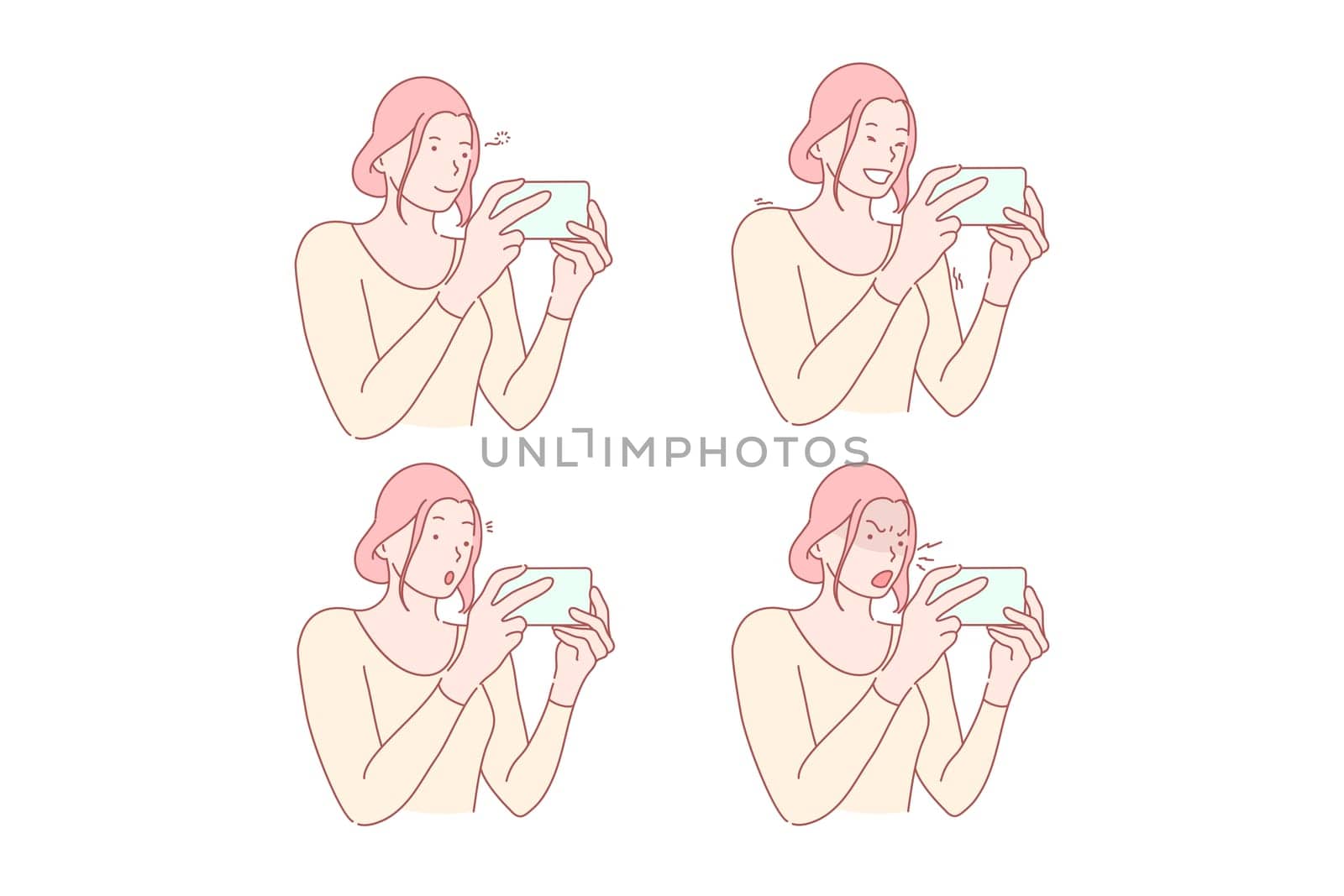 Social network or smm set concept. Woman communicates in social media online. Girl is addicted to social network. Angry or surprisedfemale can not complete game level. Simple flat vector