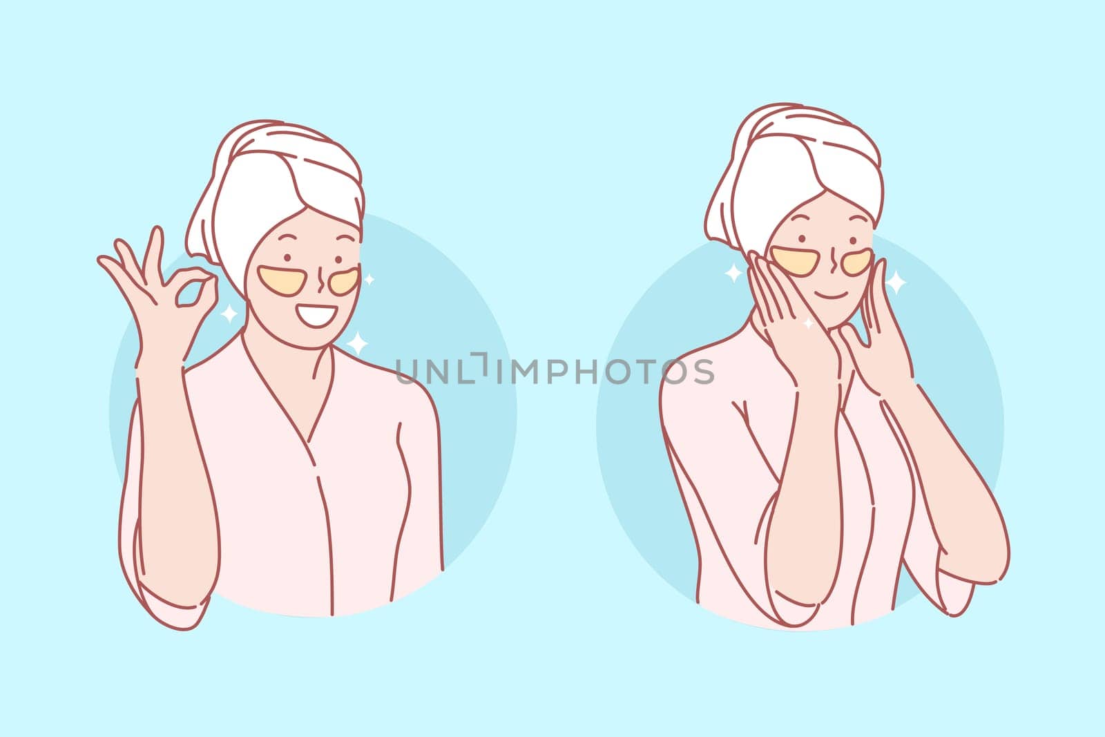 Beauty, skincare, eye patches set concept. Young woman is doing eyes patching. Happy girl cares about skin ann beauty. Korean cosmetic help with wrinkles and black eyes. Simple flat vector