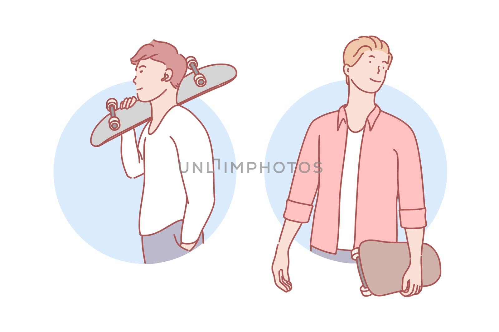 Guys with skateboards set concept. Happy stylish man student is standing and holding skateboard in hands. Young satisfied boy teenager with headphones is doing skateboarding. Simple flat vector
