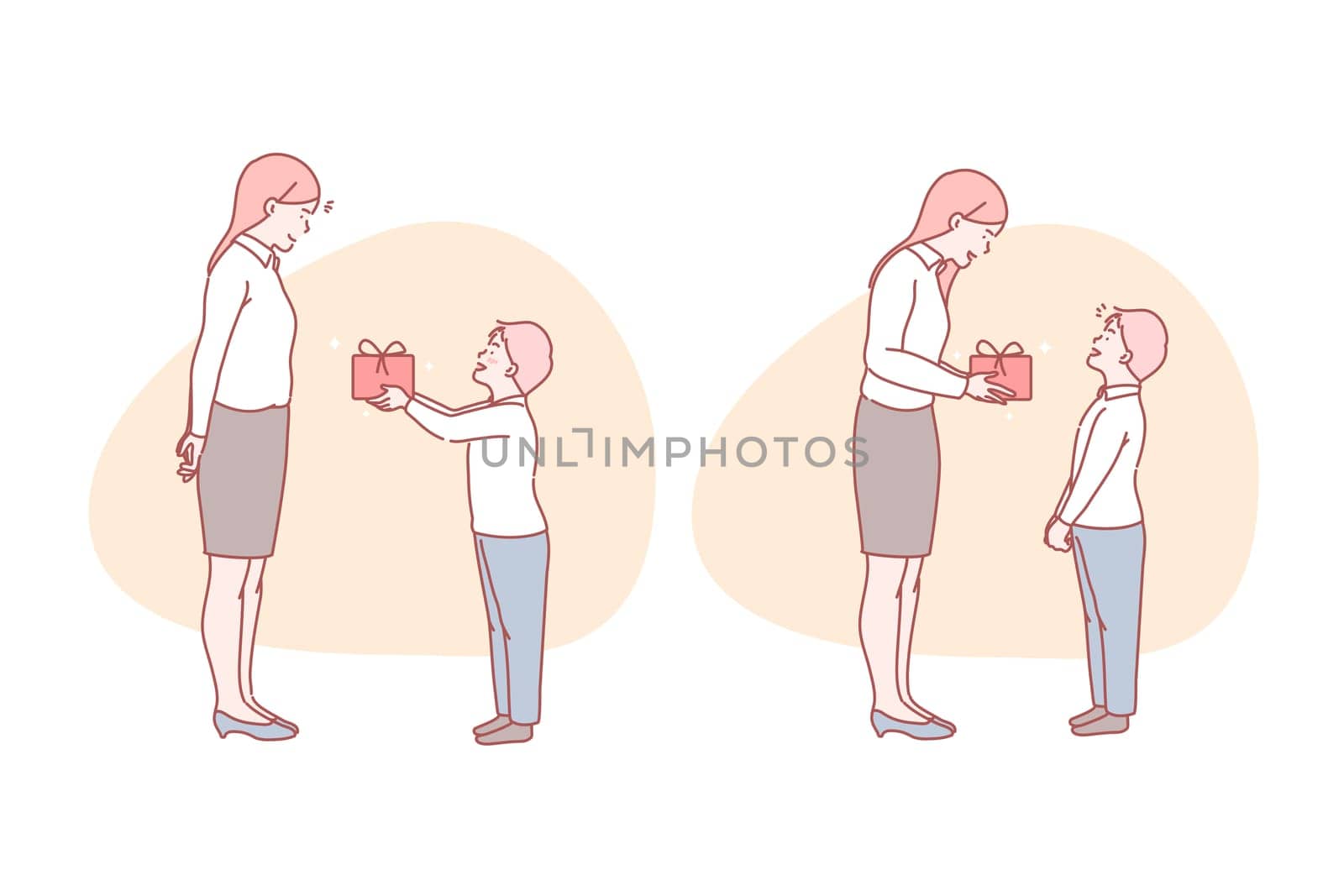 Birthday, gift, happiness, surprise, mother, concept. Young excited boy presenting gift to mom in Mothers day. Grateful schoolchild greeting teacher on holyday. Birthday surprising simple flat vector.