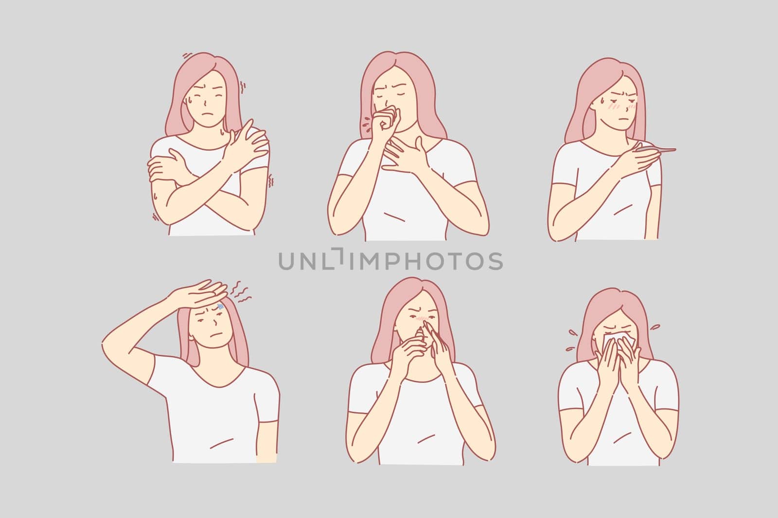 Health, pain, desease set concept. Young woman has desease and uses nose drops. Sick girl has headache, sneezes on handkerchief and coughs. Female has weak health, high temperature. Simple flat vector