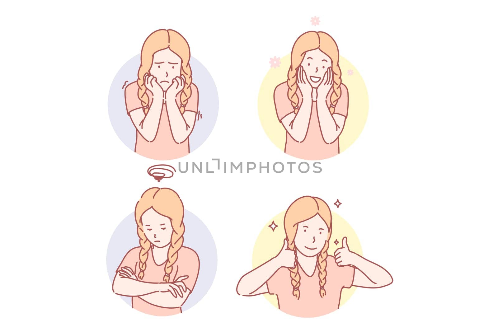 Girls emotional facial expressions set concept. Frightened girl feels grief. Depressed kid is offended and frustrated. Child shows like sign. Young pupil is happy to have childhood. Simple flat vector