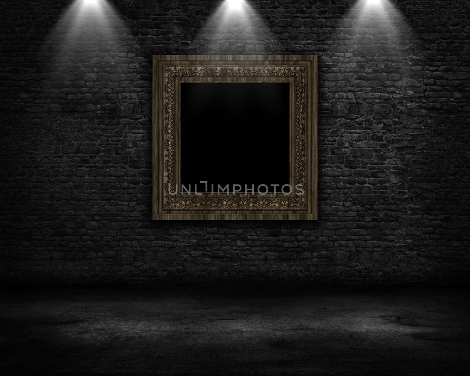 3D render of a grunge room interior with vintage blank picture frame and spotlights shining down