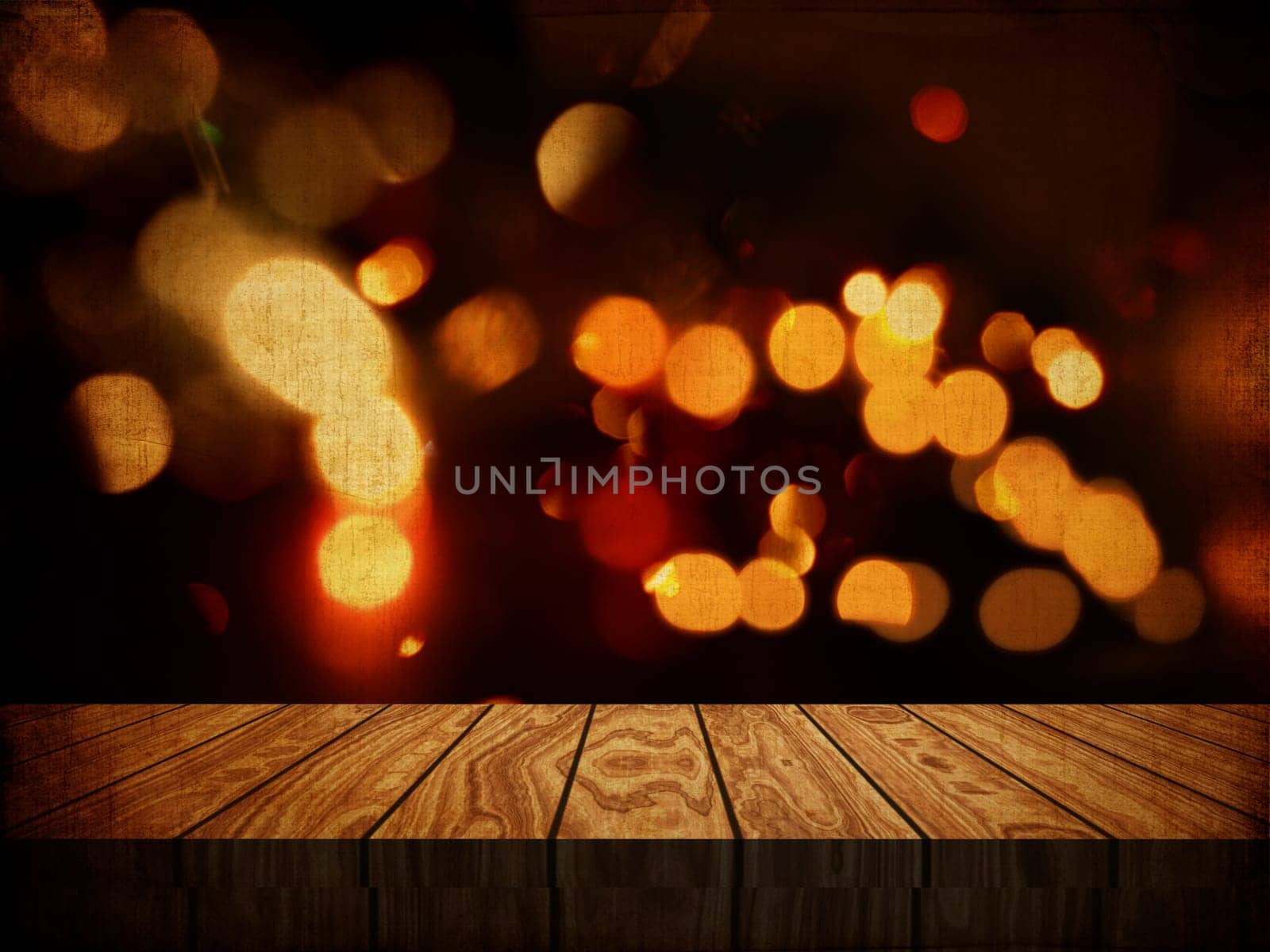 3D render of a grunge style background with wooden table against bokeh lights background