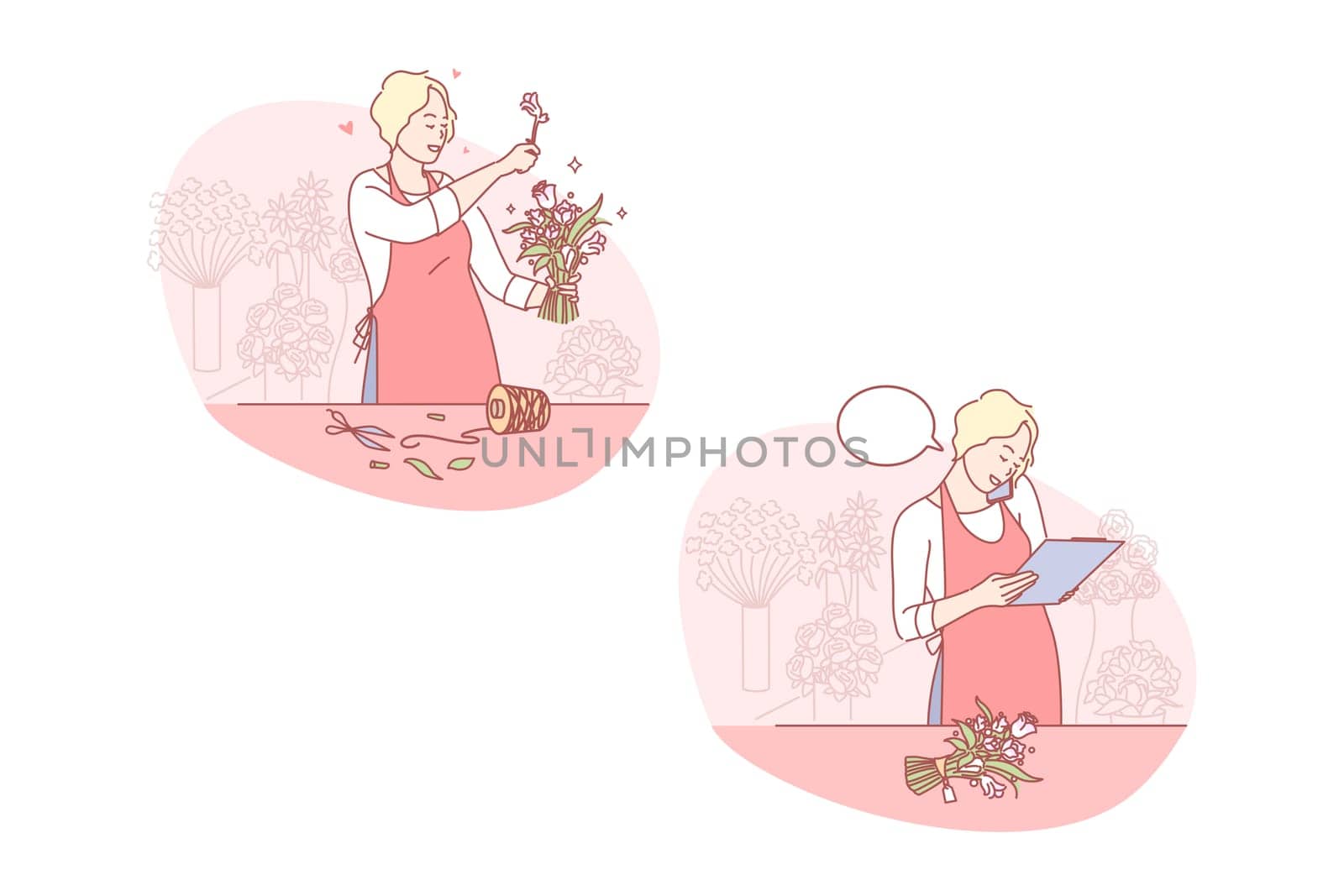 Business, floristics, bouquet set concept, Young businesswoman works in her flower shop and communicates on mobile phone. Professional girl florist makes bouquet with flowers. Simple flat vector