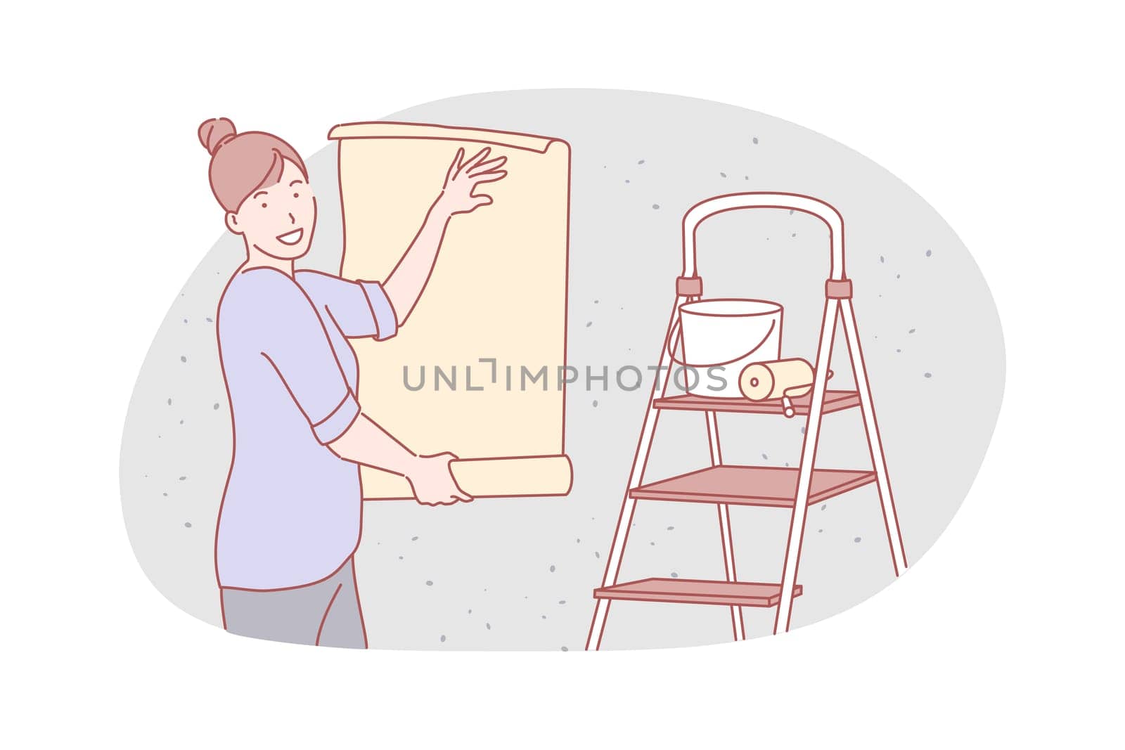 Repairing flat, service wallpapering concept. Young housewife does wallpapering. Happy woman makes repair of flat or apartment, gluing new wallpapers. Girl makes renovation of room. Simple flat vector