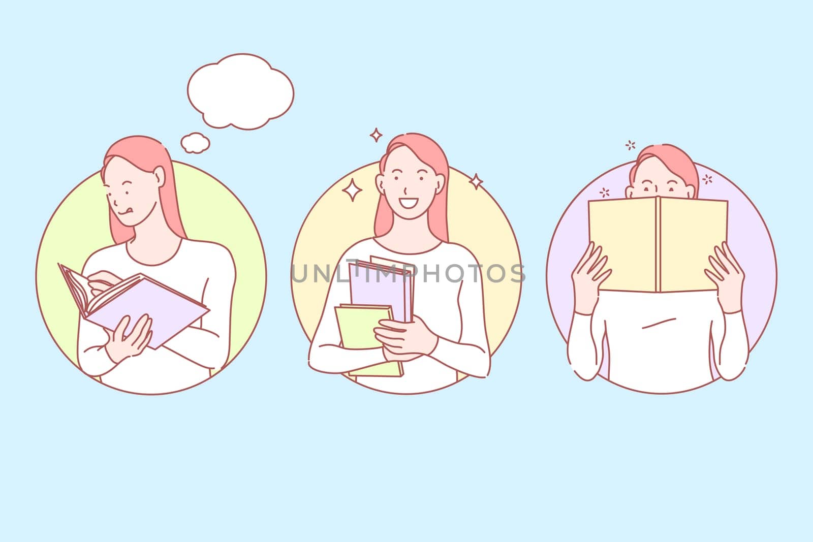 Education, study, knowledge set concept. Young woman student studies interesting subject, preparing to exam. Cheerful girl covers her face with book. Happy woman gets new knowledge. Simple flat vector