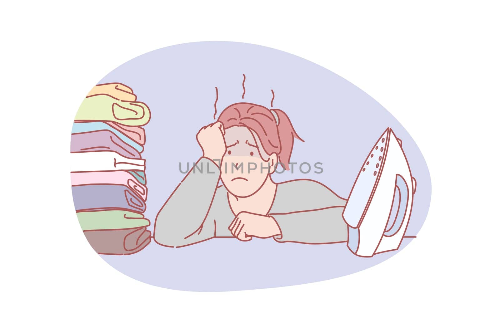 Housewife, work load, ironing concept. Young depressed house wife has many work to do. Frustrated woman is work loaded with ironing sitting in front of iron and pile of clothes. Simple flat vector