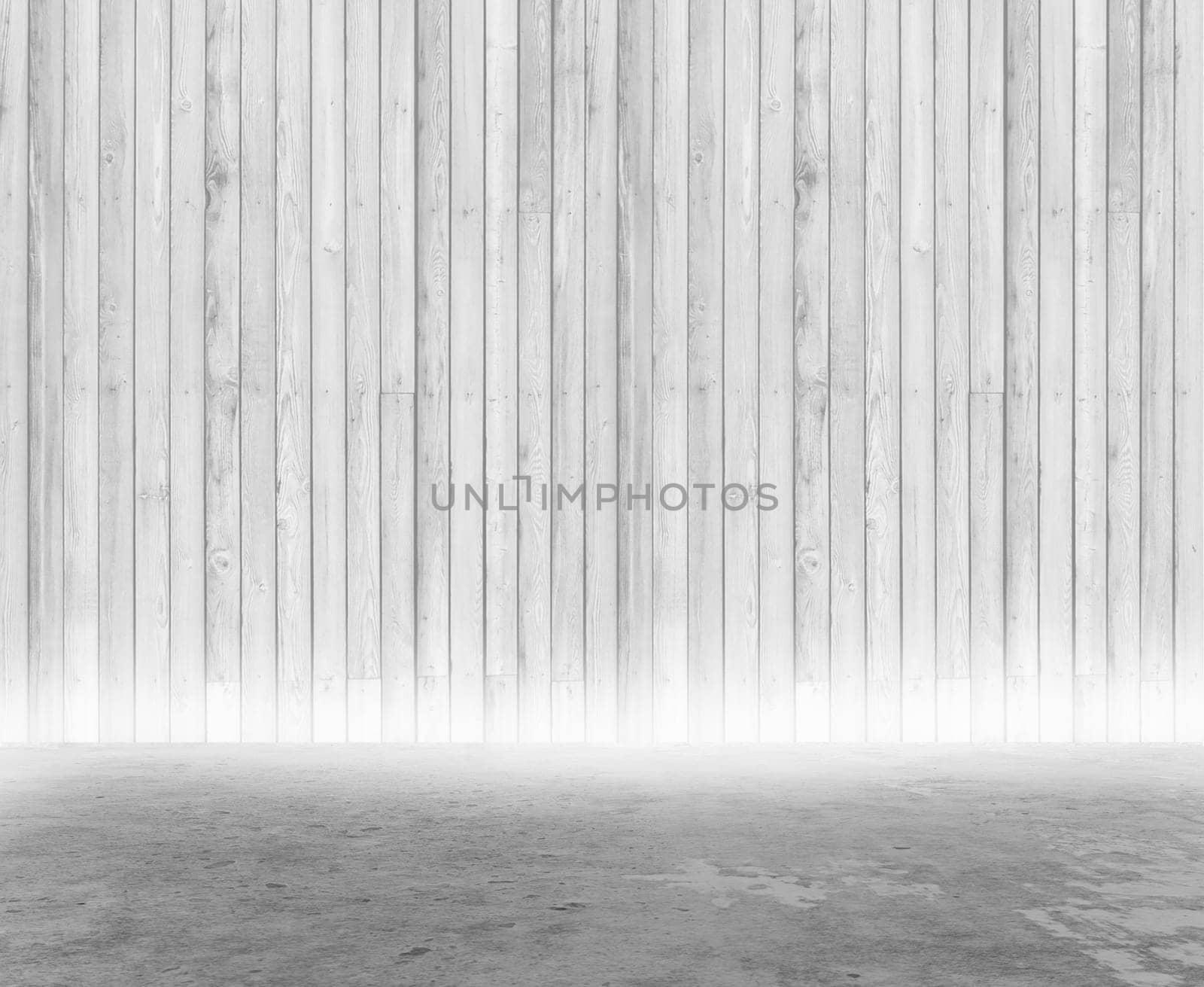 3D render of a grunge style room interior with wood walls and concrete floor