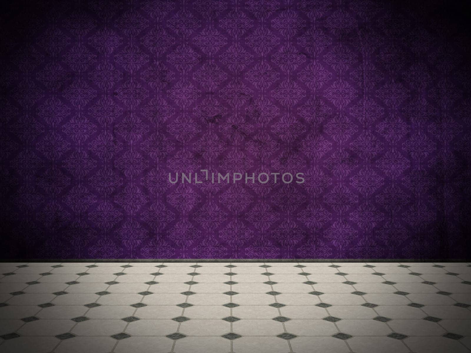 3D render of a grunge style interior with purple damask wallpaper