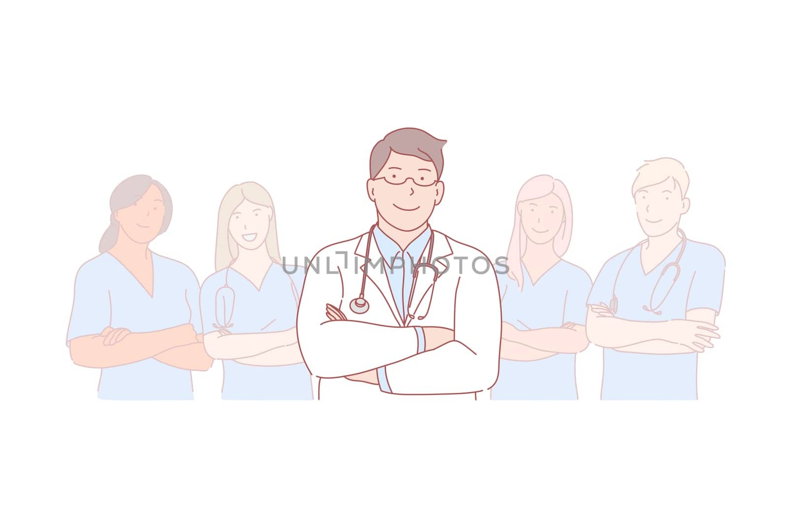 Doctor, team, leadership, internship concept. Young doctor stands in front of his team of men and women. Happy physician leader with glasses is with his group of boy corpsmen and girls nurses.