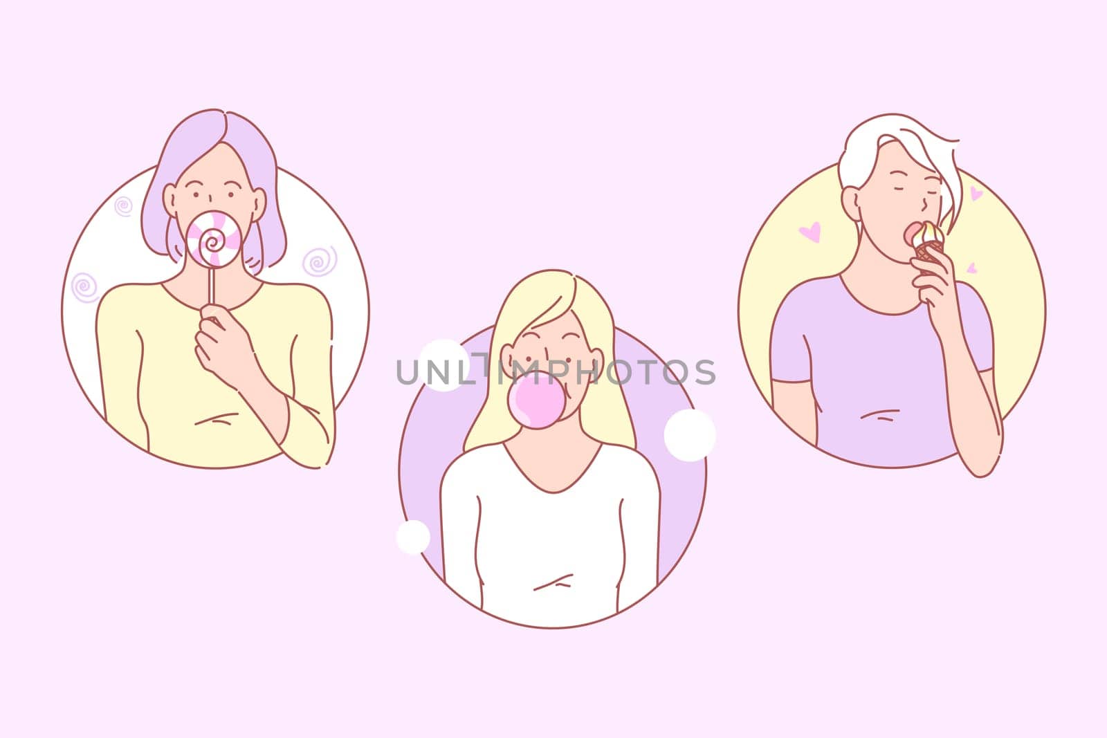 Sweets, junk food set concept. Girls like to eat sweets or junk food. Young woman licks lollipop. Female is licking cold ice cream. Girl teenager is making bubble of chewing gum. Simple flat vector