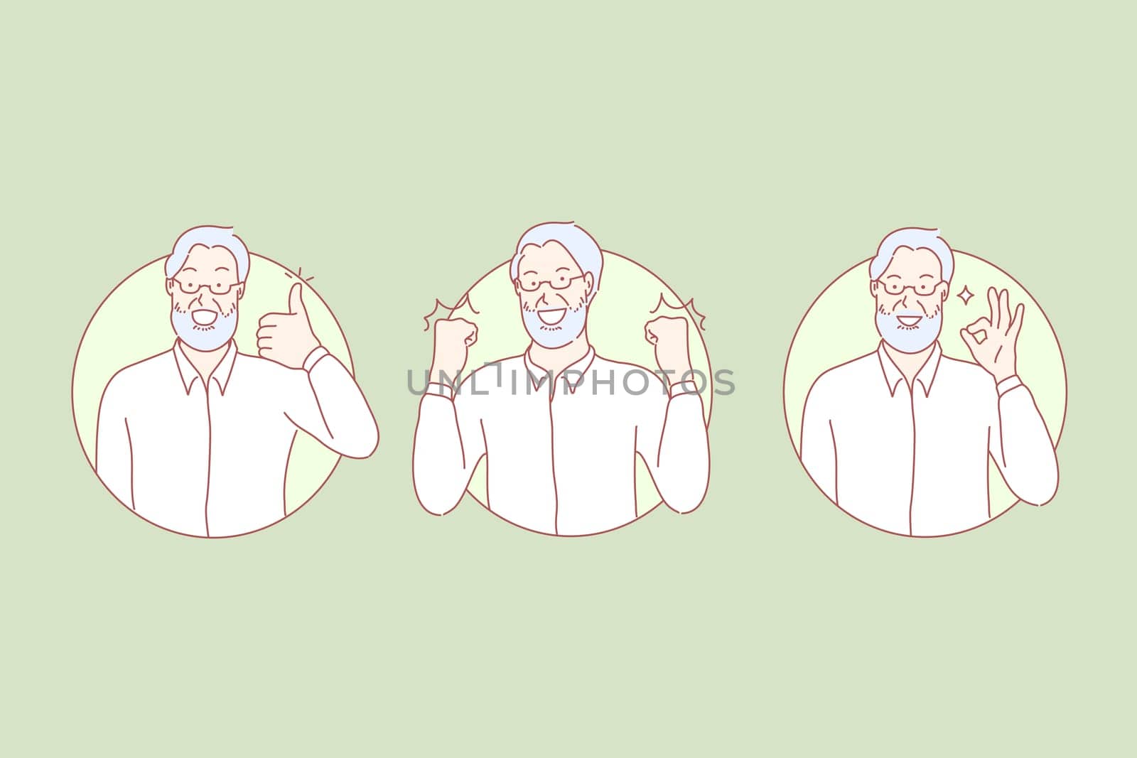 Like sign, ok sign set concept. Excited joyful grandfather with glasses put his hands up. Happy cheerful grandad shows like sign. Lively satified old age man shows ok sign. Simple flat vector