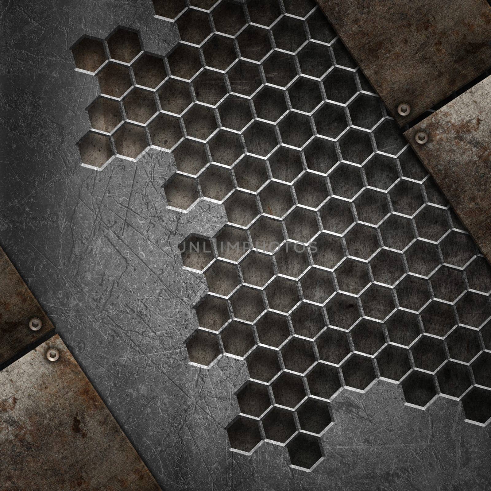 3D render of a grunge texture background with various metal designs