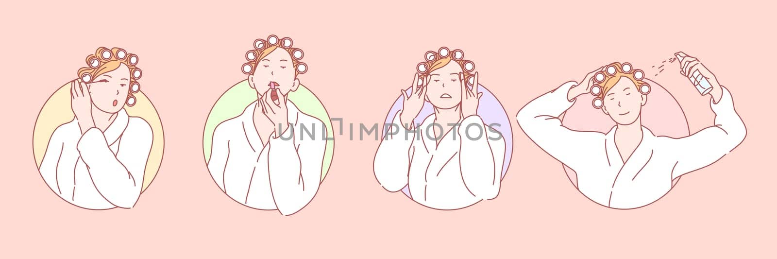 Makeup, beauty, cosmetology set concept. Young woman prepares for date and wants to look beautiful. Girl does makeup and uses cosmetics eyeliner, mascara, lipstick, styling gel. Simple flat vector