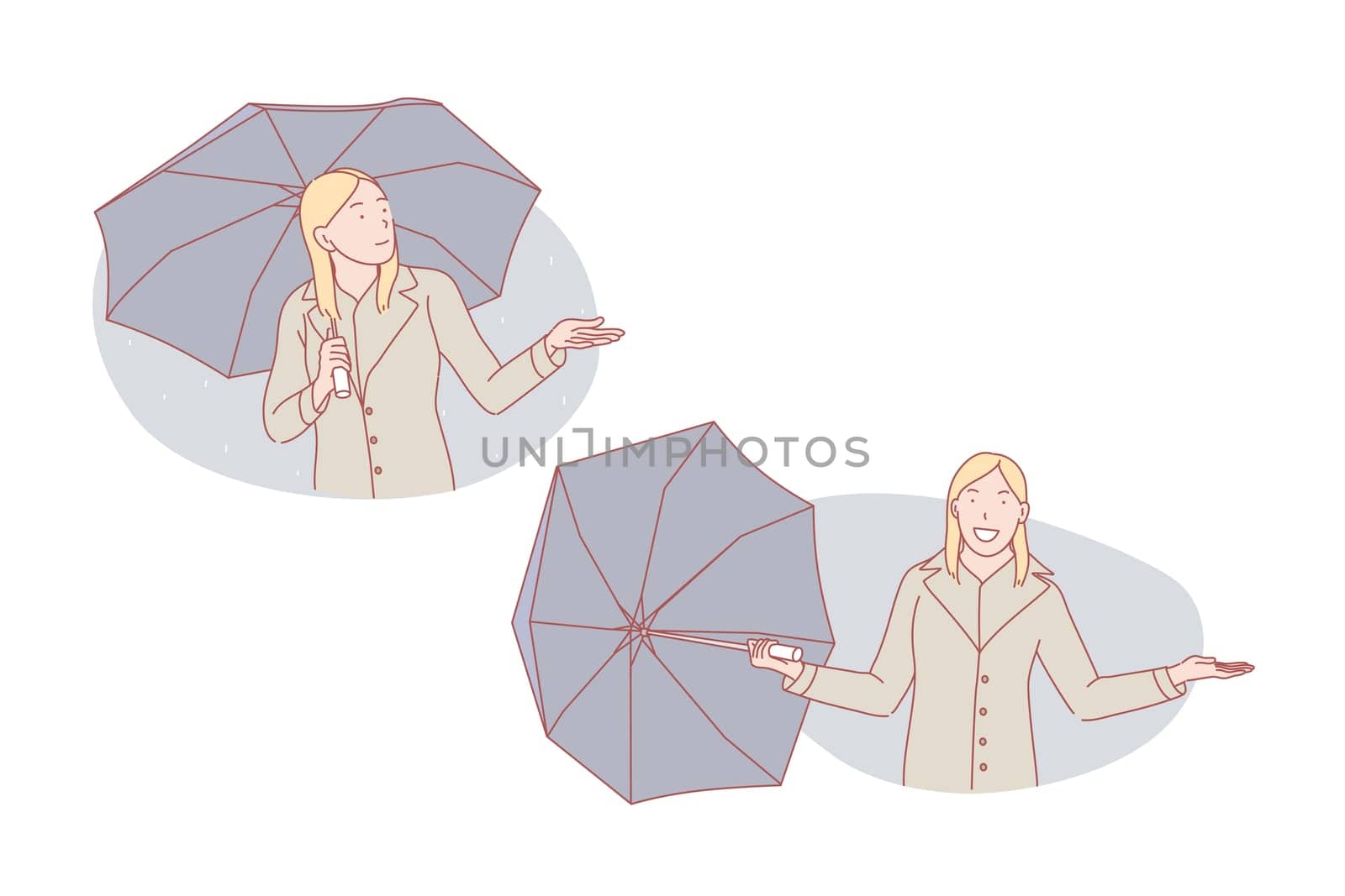 Good weather or bad weather, umbrella set concept. Young woman is sad about bad weather standing on rain under umbrella. Happy girl is excited about good weather, taking umbrella away. Simple vector