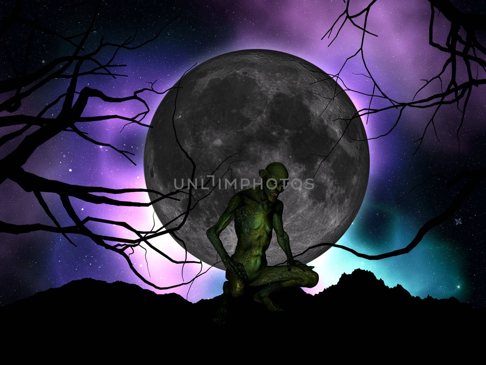 3D render of a halloween background with evil creature against moonlit sky