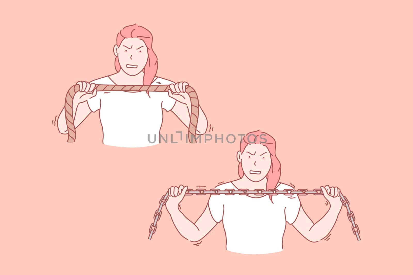 Womans will power, endurance set concept. Young endured woman tries to tear rope up with will power. Angry strong agressive girl is tearing steel solid chain with her woman power. Simple flat vector