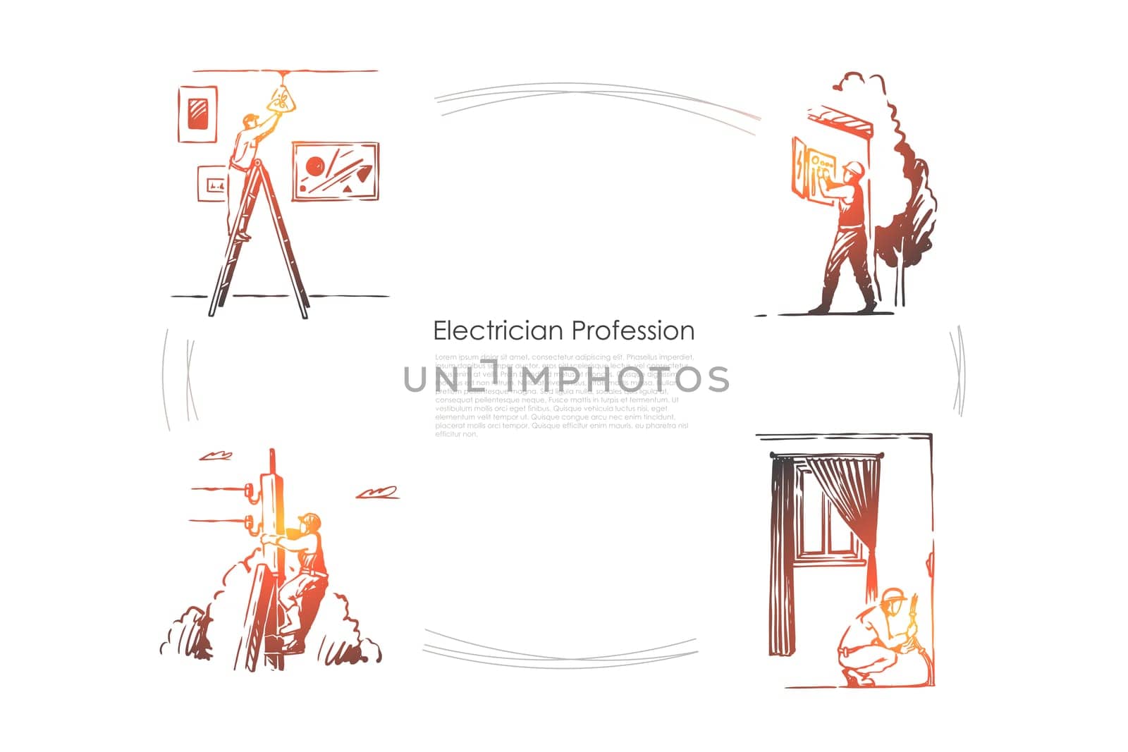 Repairman, engineer changing light bulb, electrical system installation, electrical box repairing banner. Electrician profession, maintenance service concept sketch. Hand drawn vector illustration