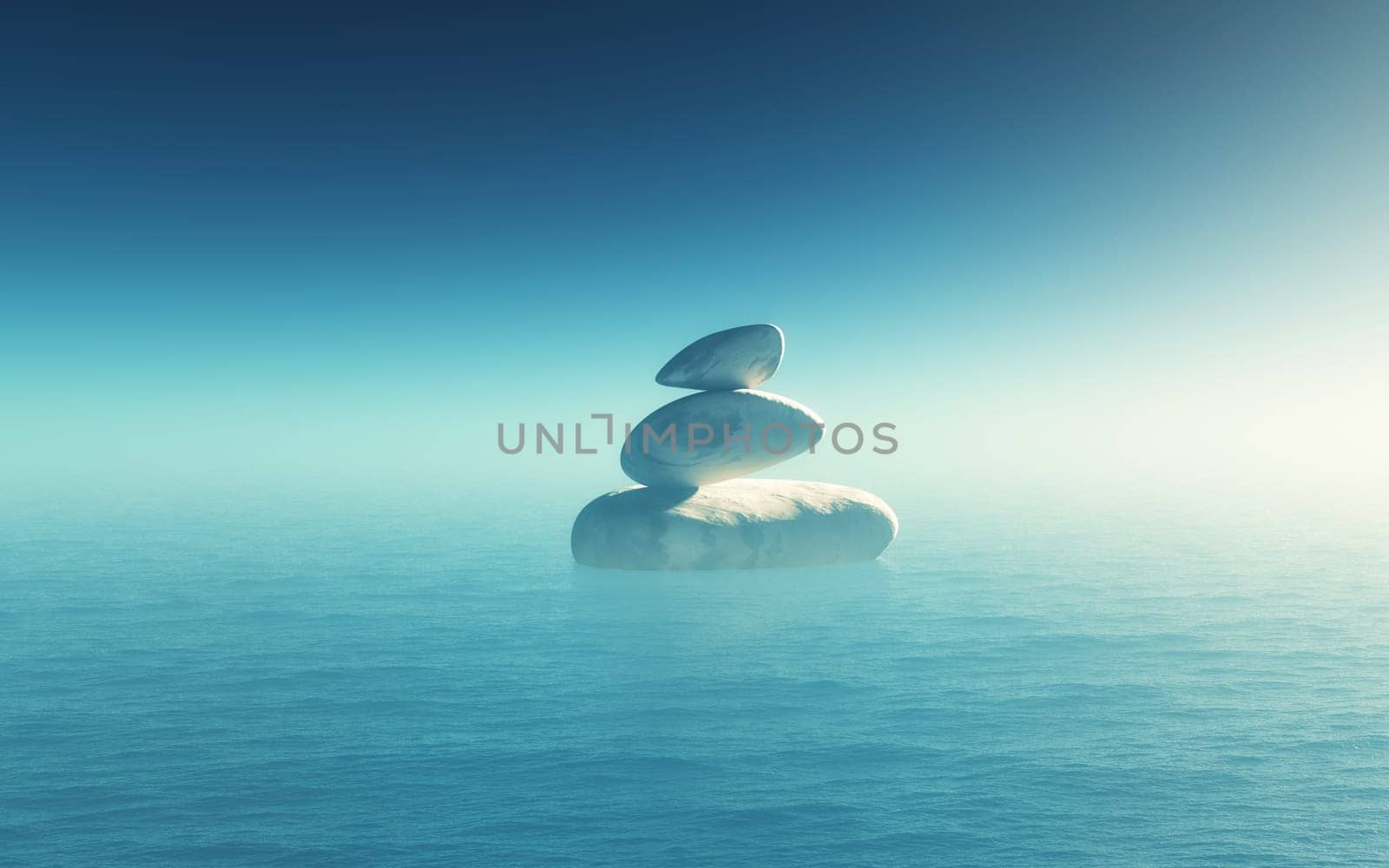 3D render of a landscape with balancing pebbles in the ocean