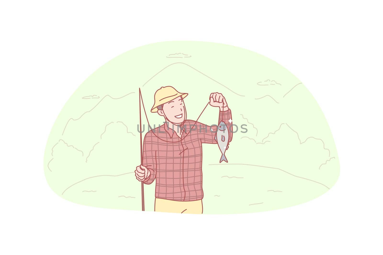 Fisherman, fishing, catch, hobby concept. Young smiling fisherman caught big fish from pond or river on vacation. Happy satisfied boy angler hold fishing rod with catch on it. Simple flat vector