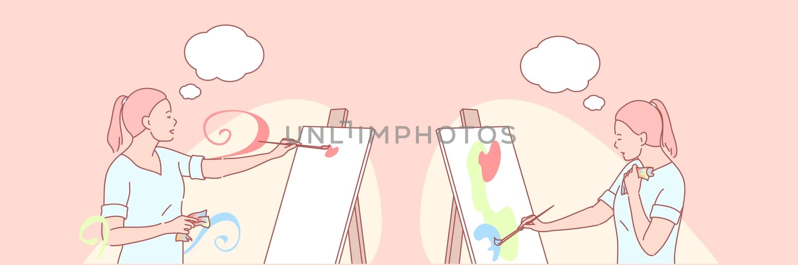 Art, artist, painting, creative set concept. Young satisfied artist is drawing with paintbrush on easel. Happy woman paints sketch of illustration. Girl painter is creating picture in art studio.