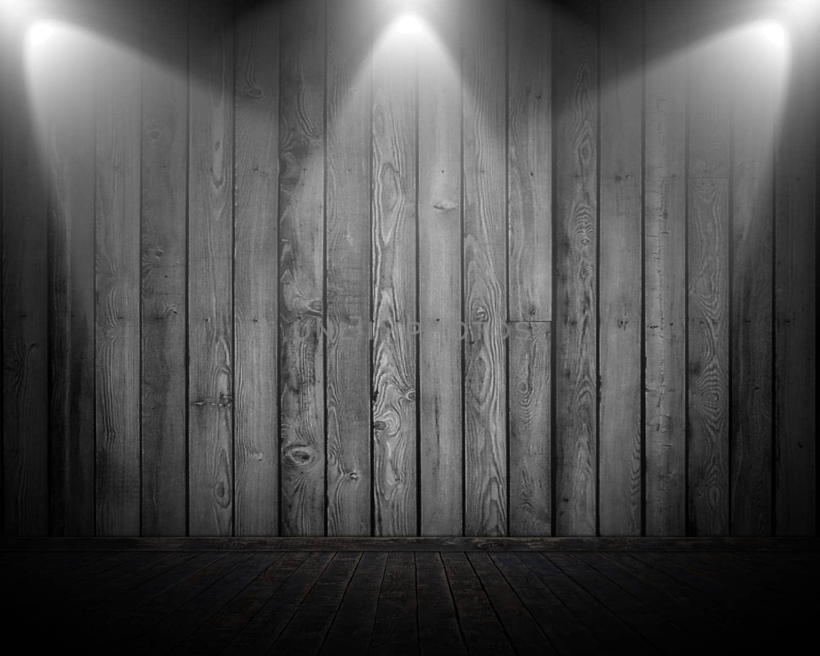 3D render of a grunge style room interior with 3 spotlights shining down