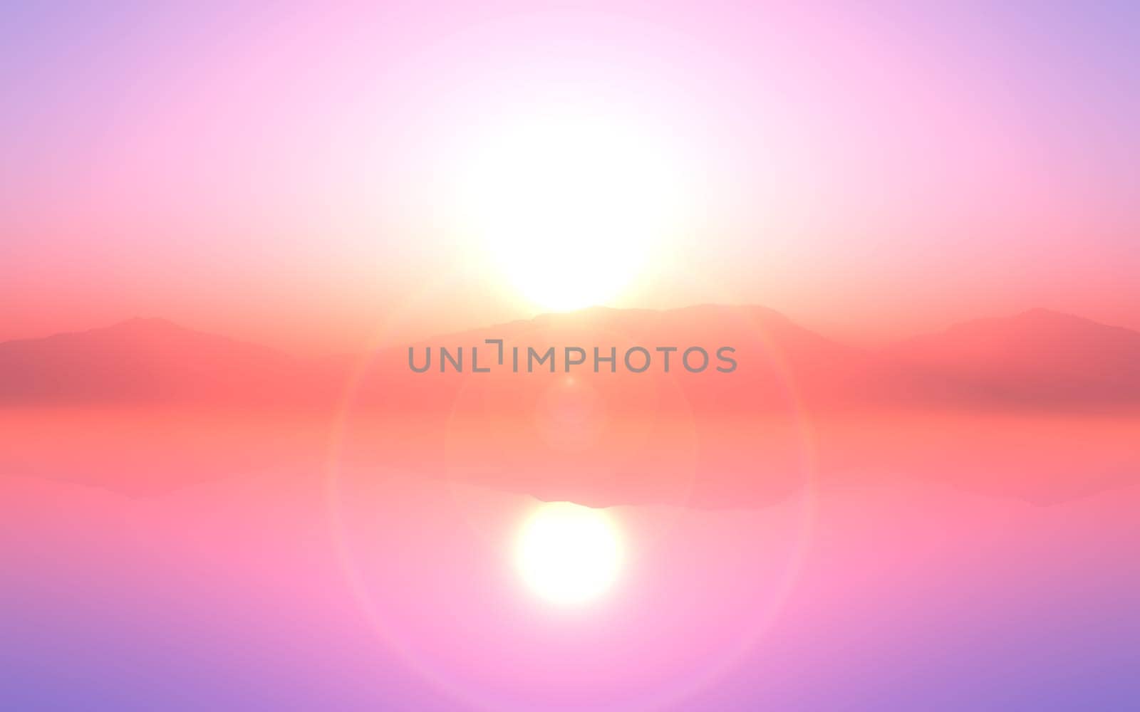 3D render of a hazy sunset ocean landscape