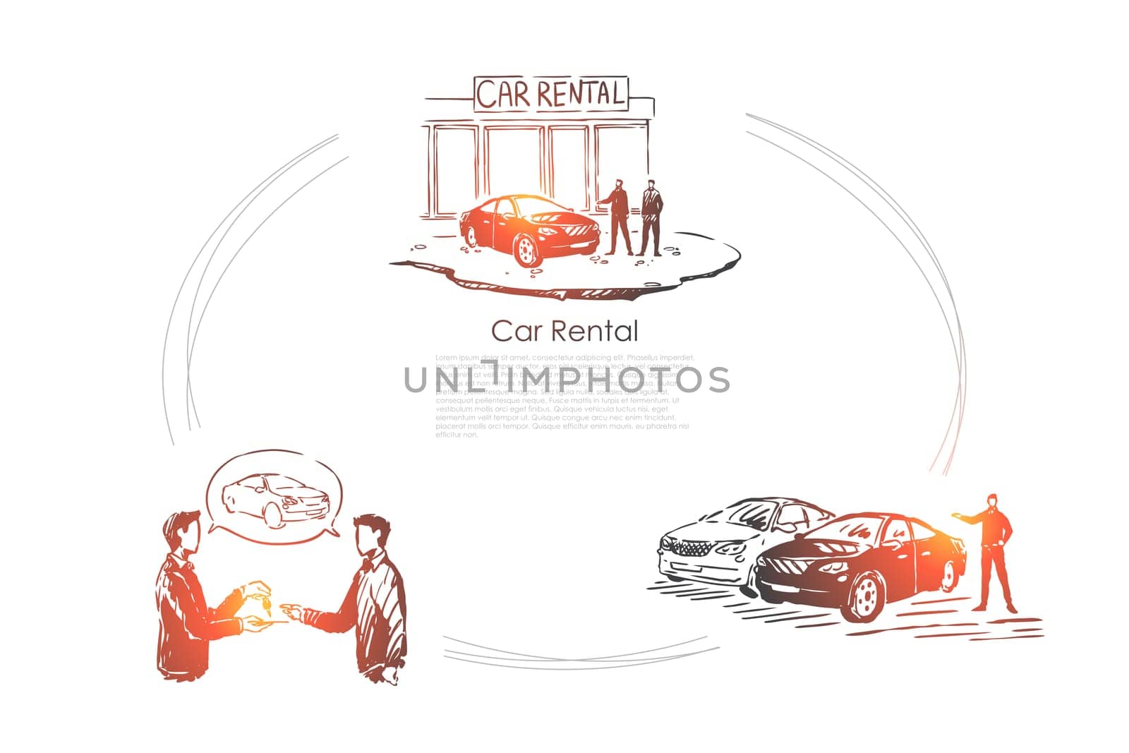 Auto rent, showroom, salesman and customer make deal, transport dealership service, vehicle sale center banner. Automobile shop, car rental agency concept sketch. Hand drawn vector illustration