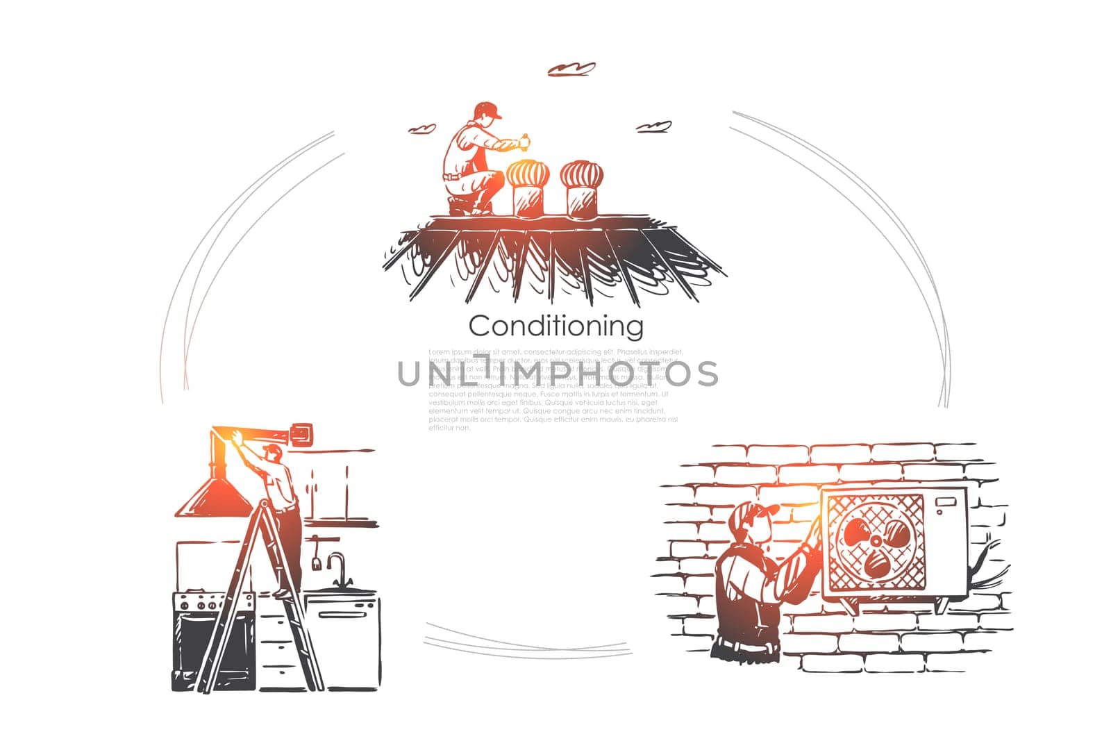 Climate control appliance, repairman fixing conditioner, cooling equipment banner template. Air conditioning, ventilation system installation concept sketch. Hand drawn vector illustration